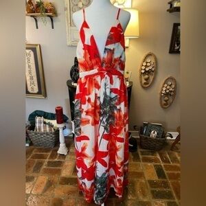 Chicme tropical print backless strappy maxi dress with full skirt orange XL.